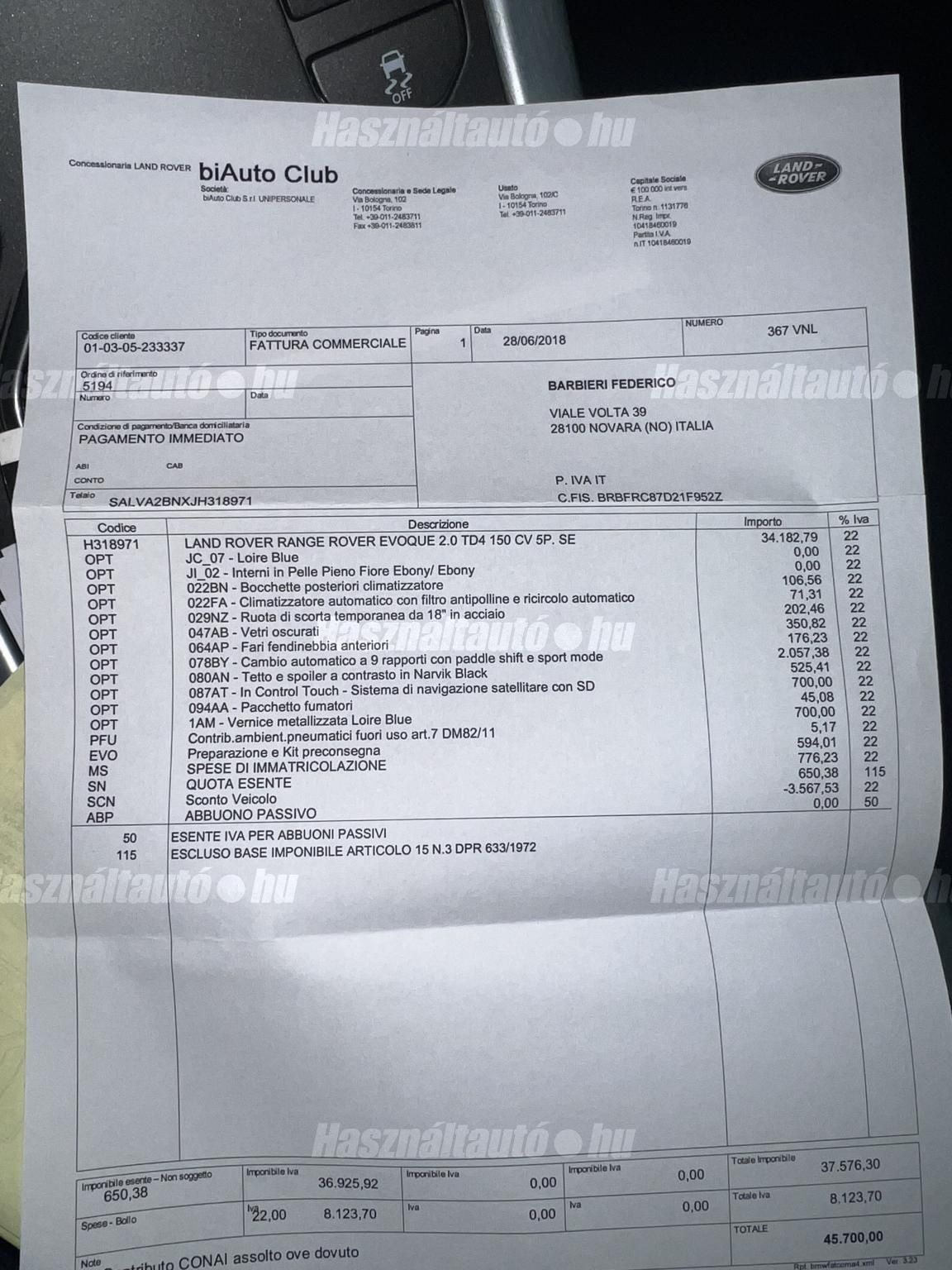 Range Rover Service Invoice Eladó LAND ROVER RANGE ROVER EVOQUE Városi terepjáró (crossover) (2018 ...